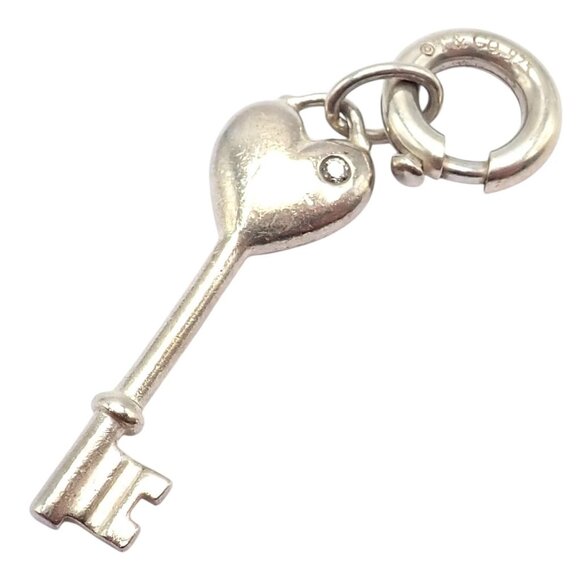 Tiffany & Co. Jewelry - Tiffany & Co. Silver Diamond Key Heart Charm Pendant + Spring Ring Clasp